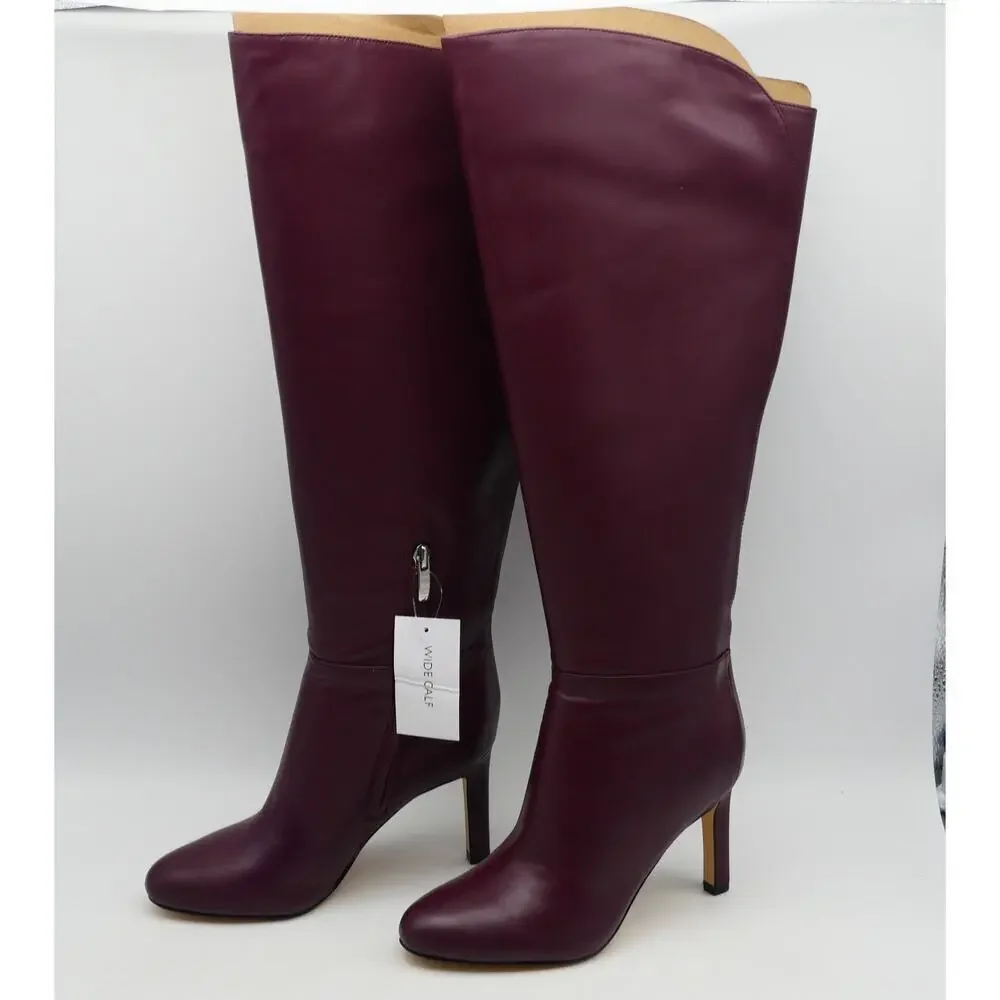 NEW Nine West Women's 5 WIDE CALF Sancha Knee High Boots Red Leather Heels